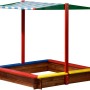 Bunter Holz Sandkasten XL mit blau-weiß gestreiftem Sonnendach (120x120x125cm), FSC® zertifiziert.
