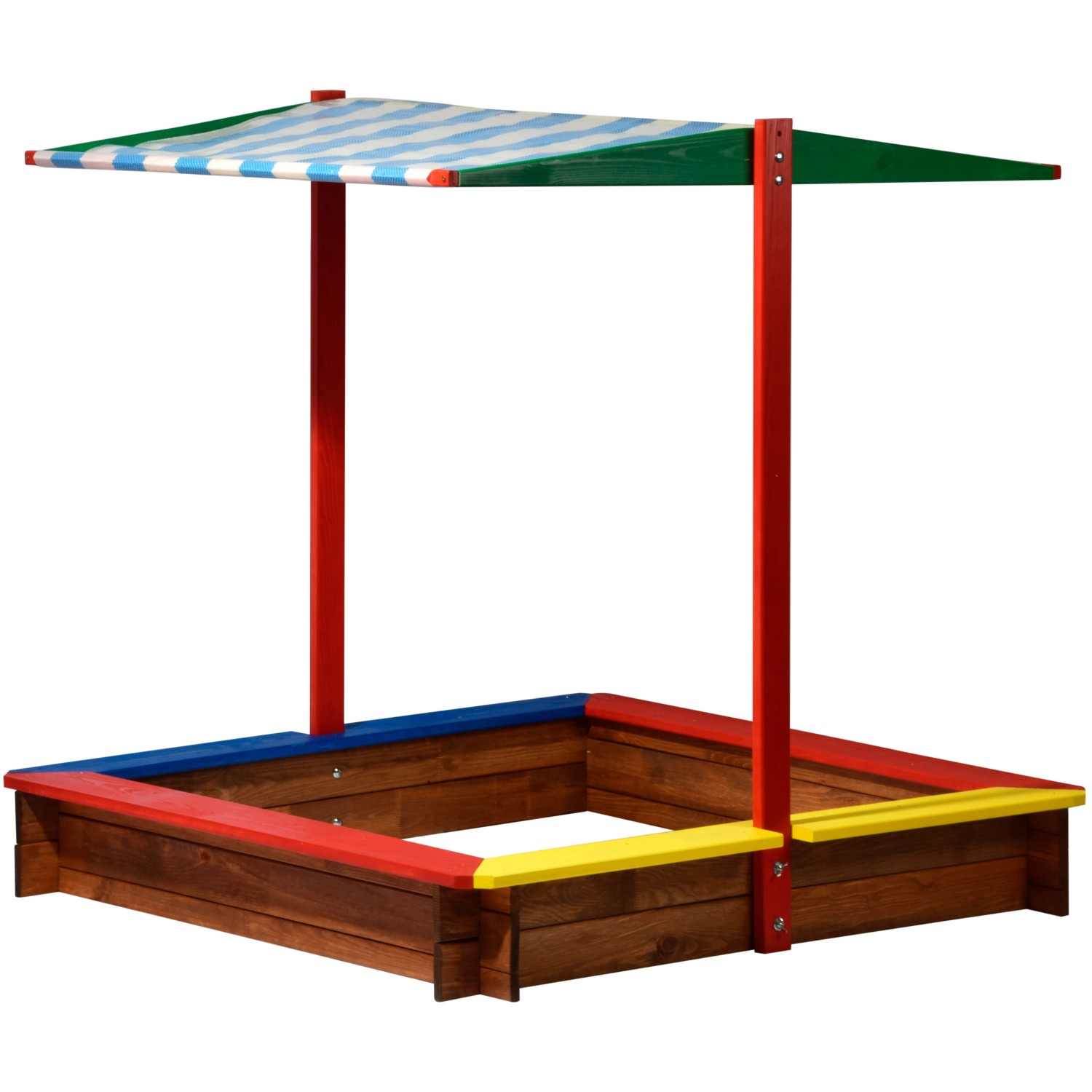 Bunter Holz Sandkasten XL mit blau-weiß gestreiftem Sonnendach (120x120x125cm), FSC® zertifiziert.