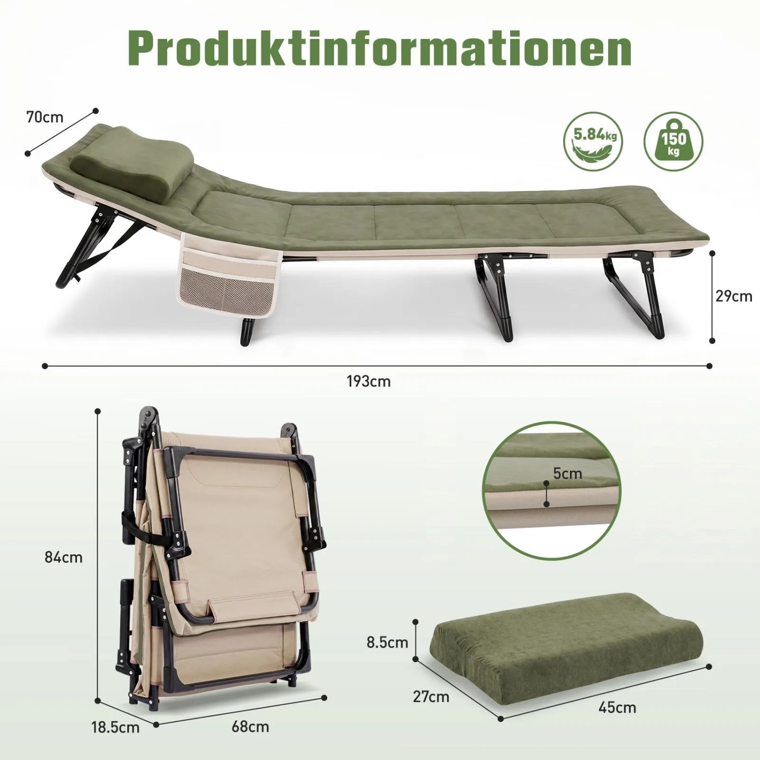 Grünes klappbares Campingbett mit Matratze, Kissen und verstellbarer Rückenlehne, aufgeklappt und gefaltet. Für Camping & Gäste.
