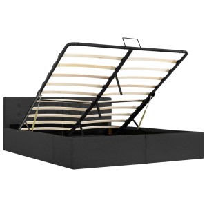 Dunkelgraues Stauraumbett (160x200 cm) mit Lattenrost und hydraulischem Hebemechanismus.