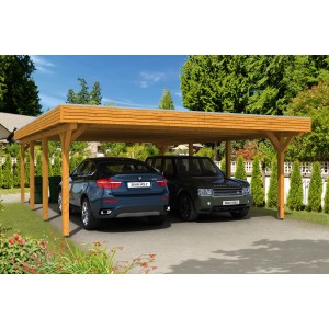 Skan Holz Doppelcarport Spessart Eiche hell, 611x846cm, mit zwei parkenden Autos.