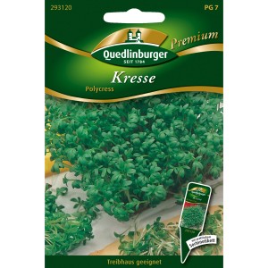 Quedlinburger Gartenkresse Polycress Saatgut-Packung mit frischer, grüner Kresse.