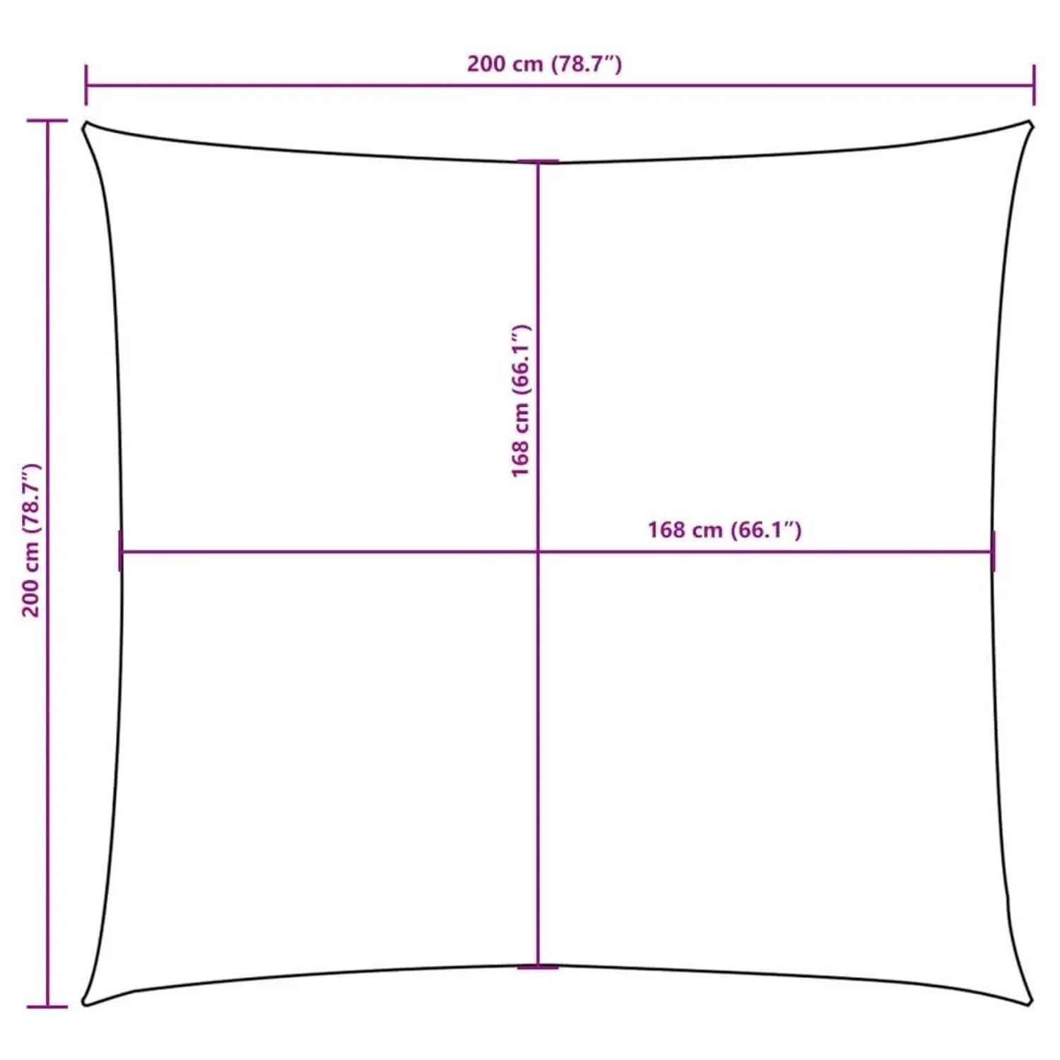 Technische Zeichnung des vidaXL Sonnensegels, quadratisch 2x2 m, mit Maßangaben.