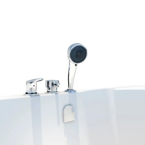 Detailansicht: AcquaVapore Seniorendusche und Badewanne mit Tür, Armaturen und Handbrause.