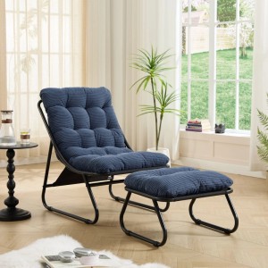 PXloue Schaukelstuhl mit Dickem Kissen und Hocker Blau Metallrahmen für Garten Balkon Wohnzimmer