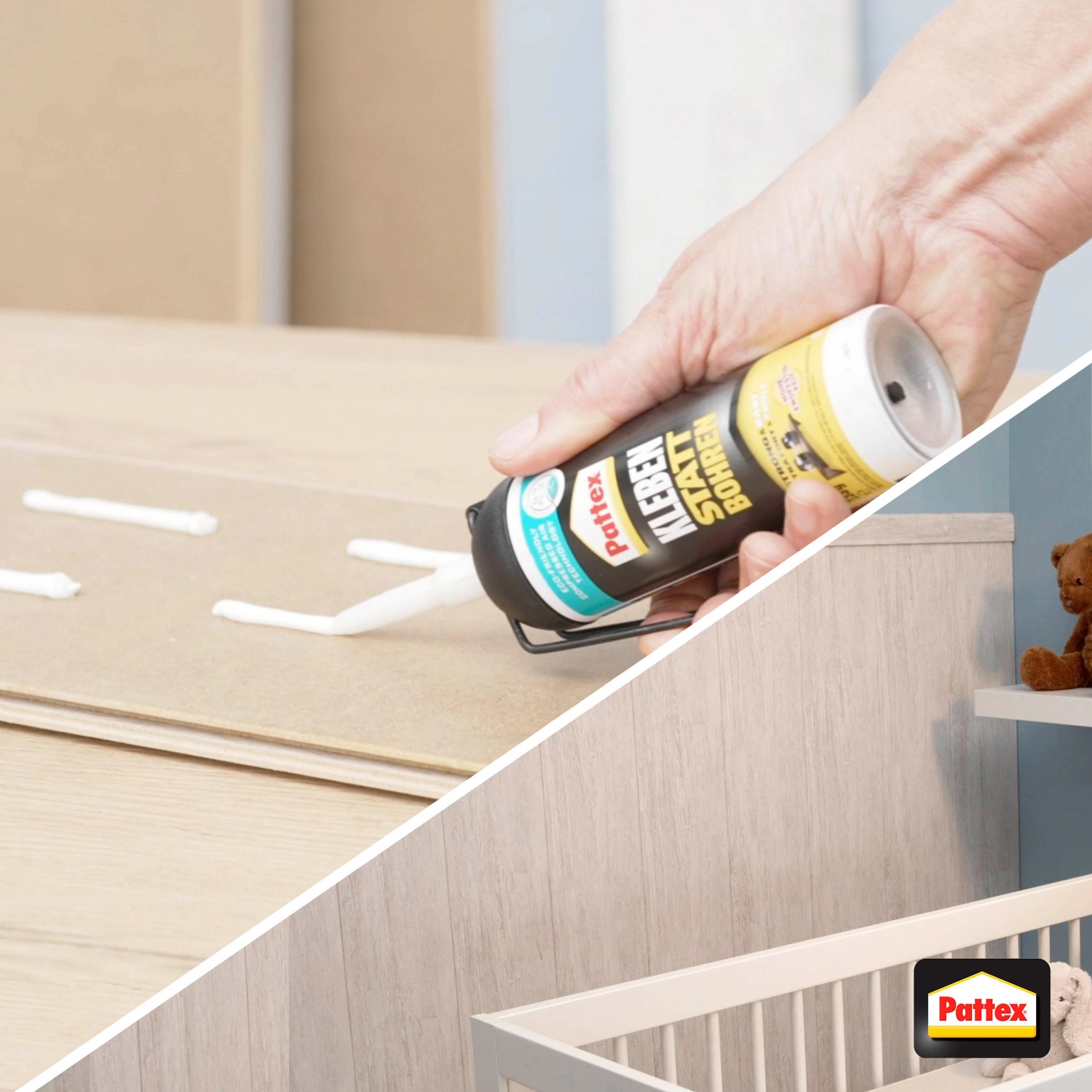 Anwendung von Pattex Montagekleber Kleben statt Bohren, 133g Spender, Weiß.