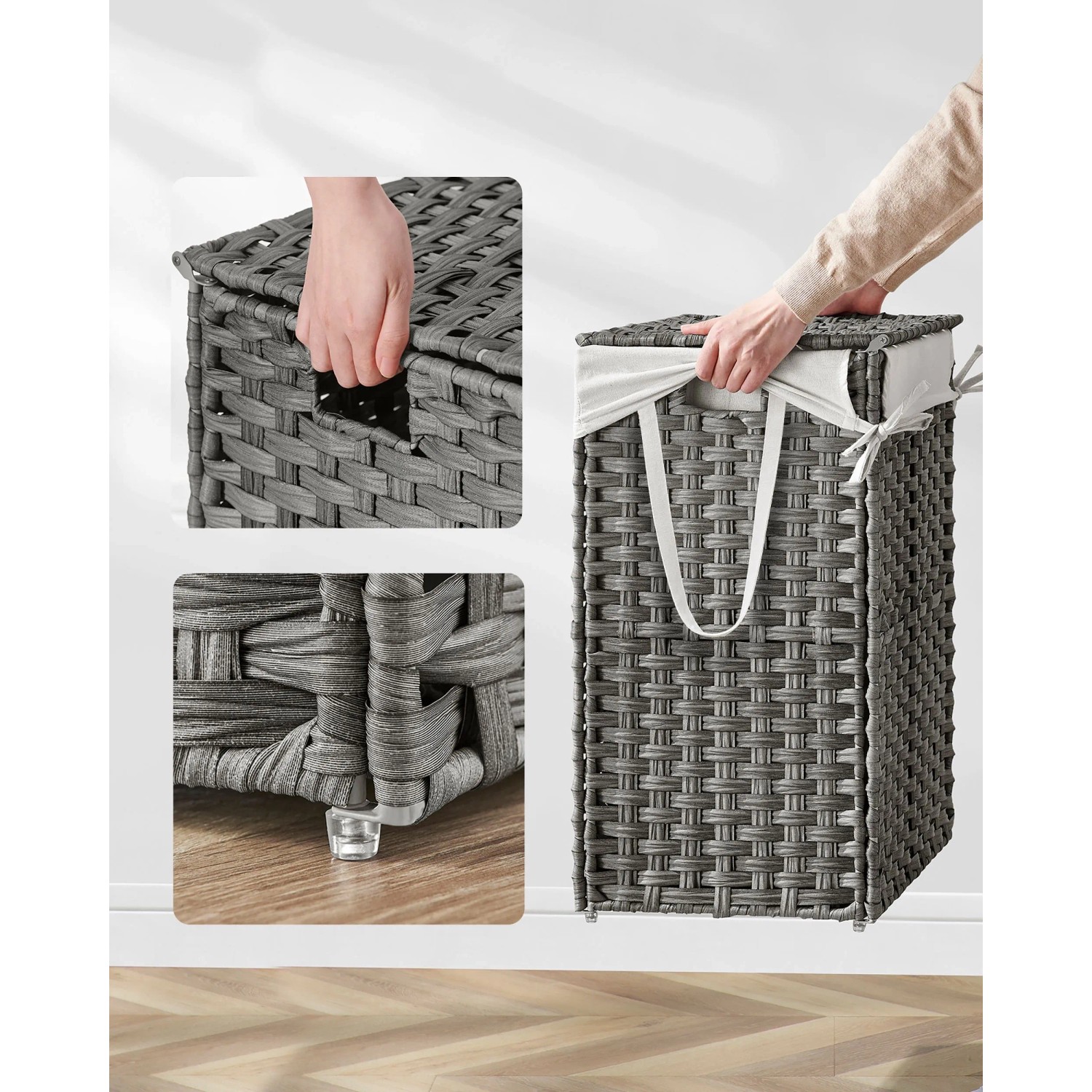 Grauer Songmics Wäschesammler Eliott (90 l) mit Deckel und herausnehmbarem Wäschesack.