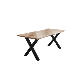 SAM Esstisch Akazie Natur, 140x80 cm, mit schwarzem X-Gestell und Baumkante.