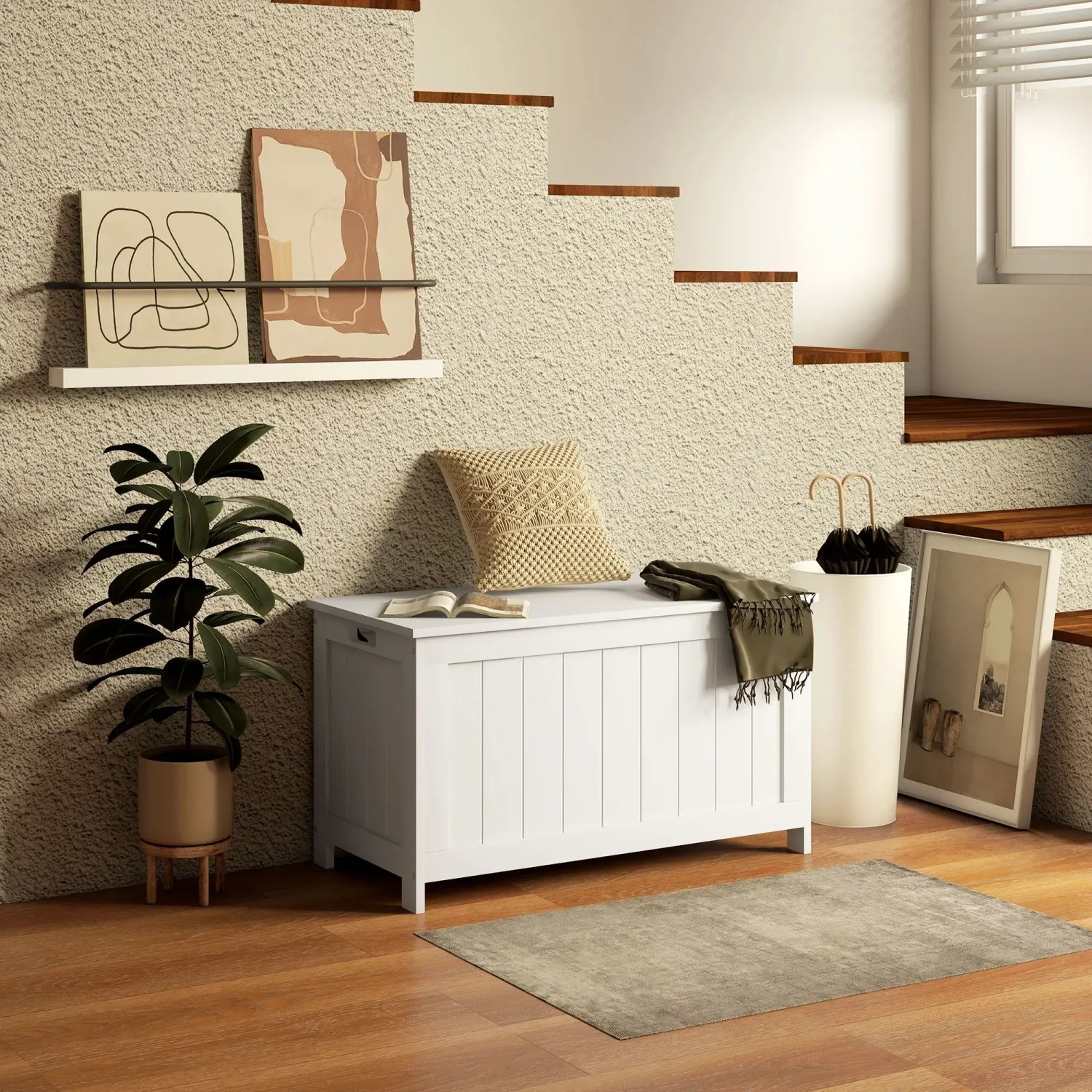 Weiße HOMCOM Aufbewahrungsbox mit Griff (81x40x46cm) im Wohnraum. Ideal für Aufbewahrung & Ordnung.