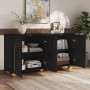 Schwarzes Merax Sideboard mit 4 Türen, goldenen Bogenlinien und kugelförmigen Metallfüßen. Offene Fächer zeigen Stauraum.