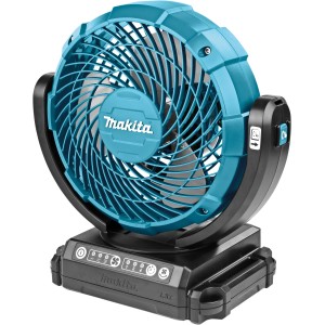 Makita Akku-Lüfter DCF102Z/18V, tragbarer Ventilator mit blauem Gehäuse und schwarzem Fuß.