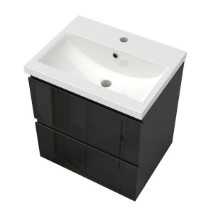 Kompakter Waschtisch Zwenia 50cm mit weißem Keramik-Waschbecken und schwarzem Hochglanz-Unterschrank mit zwei Schubladen.