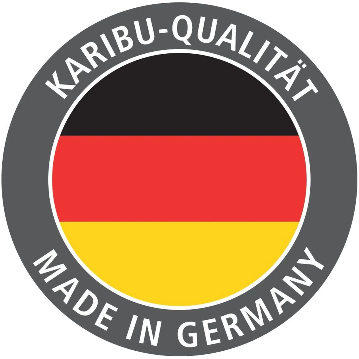 Karibu Qualitätssiegel: Made in Germany. Gartenhaus aus Holz mit deutscher Flagge.