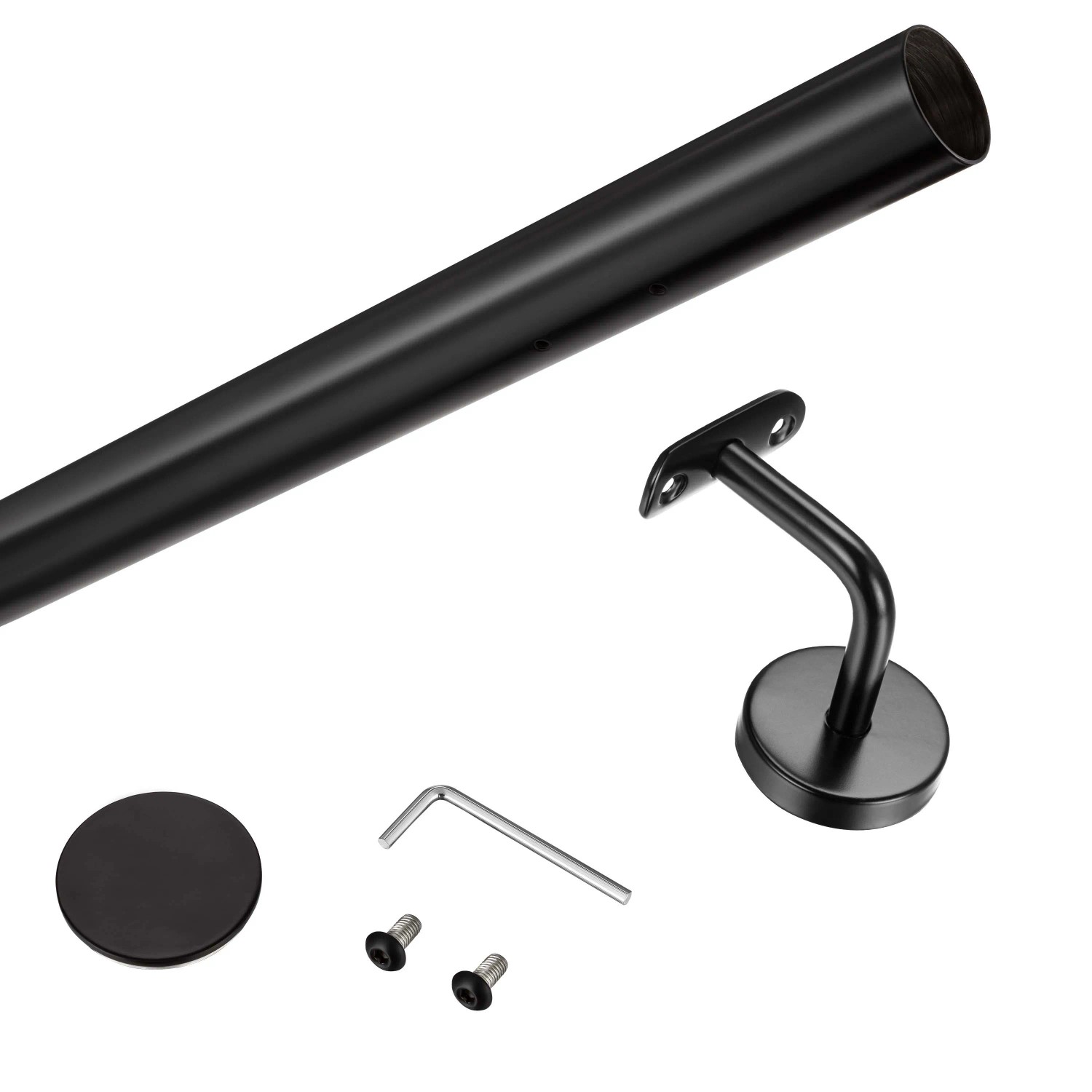 Schwarzes Edelstahl Handlauf Komplettset: Rohr, Halterung, Endkappe, Befestigungsmaterial. Ideal für Treppen.