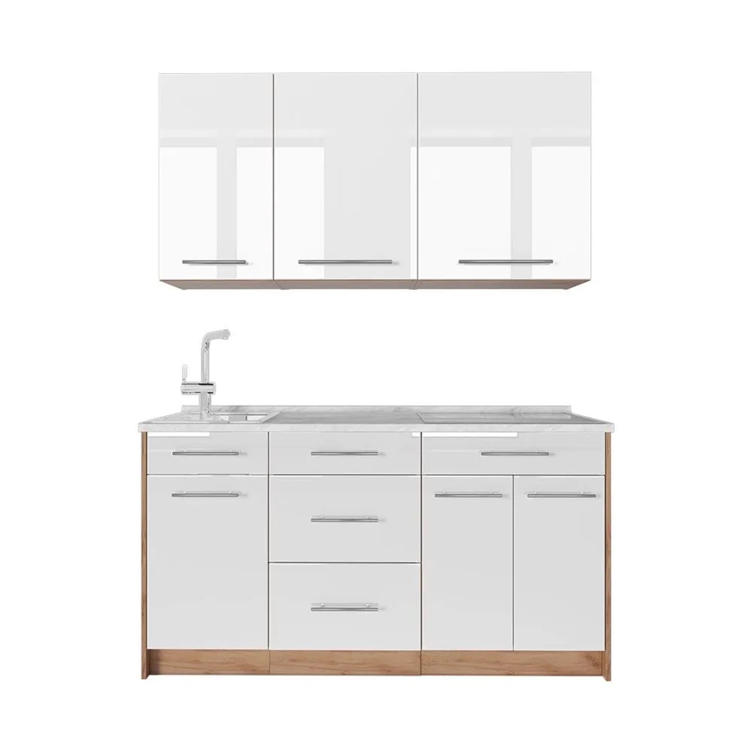 Vicco Singleküche Fame-Line Weiß Hochglanz/Goldkraft Eiche 150 x 82 AP Marmor Art Nr 64797