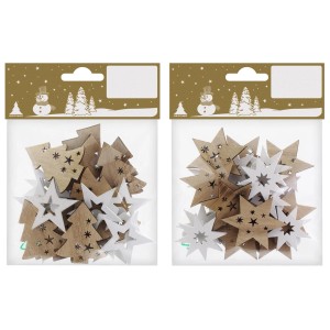 Streu-Ornamente Sterne/Tannenbäume, Holz, weiß/natur, 12er-Pack, ca. 4 cm, Weihnachtsdekoration.