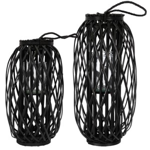 2er Set schwarze Laternen Ried von ECD Germany, Rattan, mit Henkel. Kerzenhalter für Innen und Außen.
