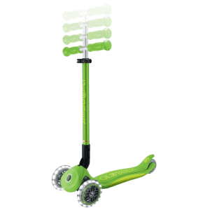 Grüner Globber Elite Lights Kinderscooter, 3-rädrig, mit verstellbarer Lenkstange und leuchtenden LED-Rädern.