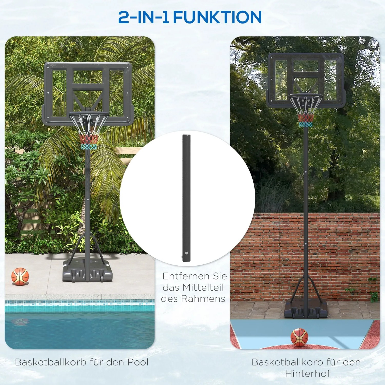 SPORTNOW Basketballständer 2-in-1, höhenverstellbar für Pool & Garten. Kurze Version am Pool, lange im Garten.