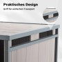 Graue Mähroboter Holzgarage aus Tannenholz mit Flachdach. Detail des Griffs für einfachen Transport.