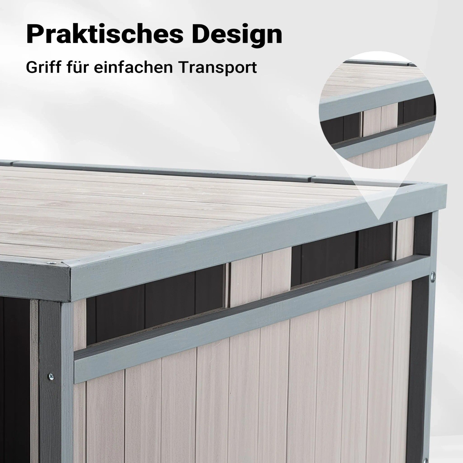 Graue Mähroboter Holzgarage aus Tannenholz mit Flachdach. Detail des Griffs für einfachen Transport.