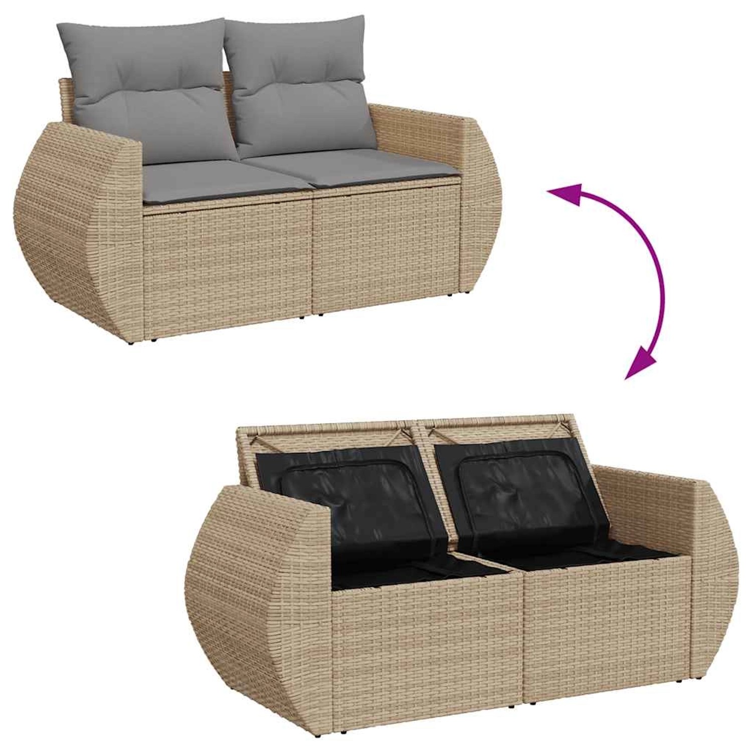 Beige 9-tlg. Garten-Sofagarnitur aus Rattan mit Kissen, mit und ohne Stauraumfunktion.