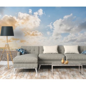 Fototapete Strandkorb Meer in Braun, Blau und Gelb, 3,50x2,55m, mit Himmel und Wolken.