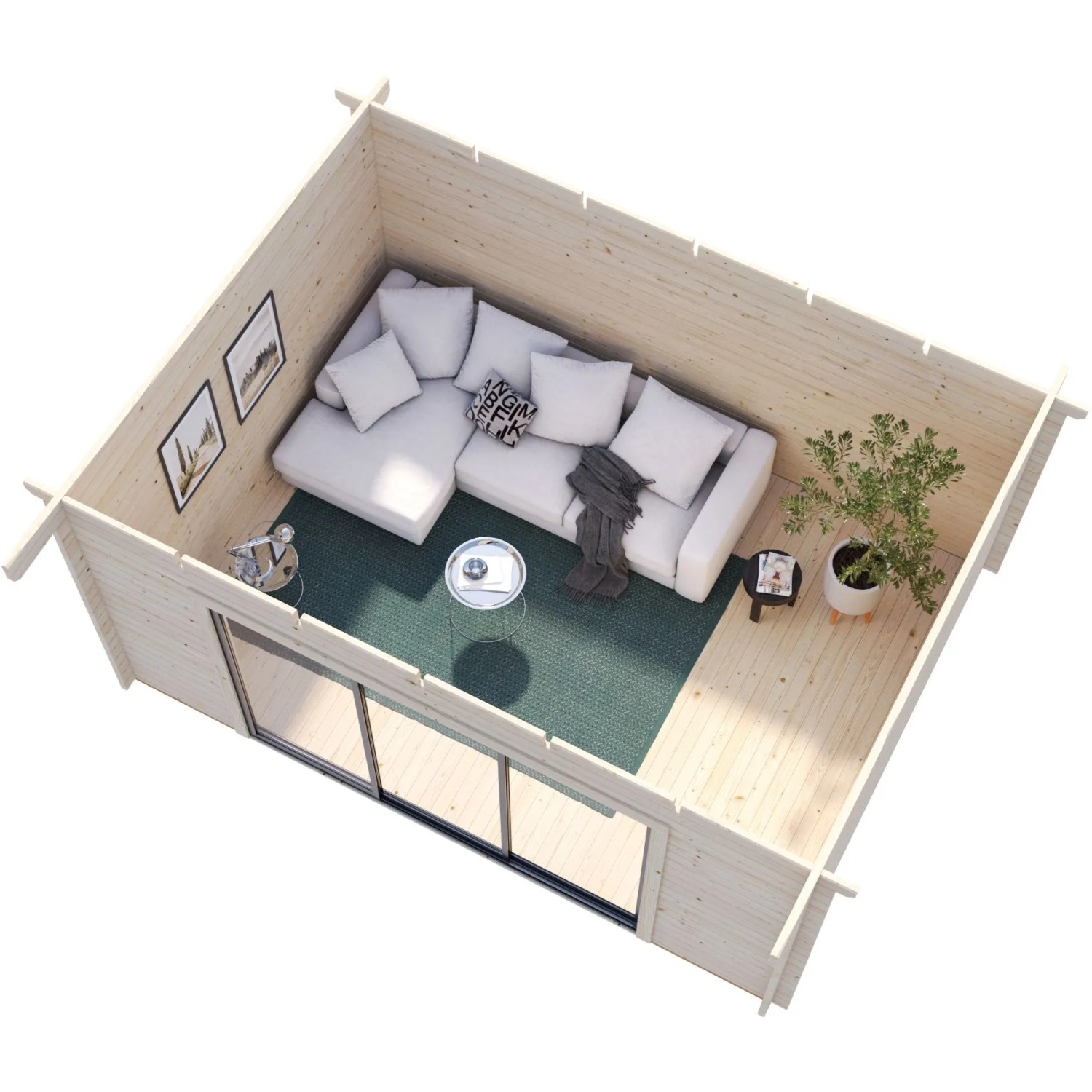 Innenansicht Palmako Gartenhaus Lea Slide: Wohnraum mit Schiebetüren und Sofa.