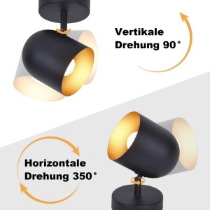 Schwarzer Metall-Deckenstrahler mit goldener Innenseite. Spot 350° horizontal, 90° vertikal drehbar für präzise Lichtlenkung.