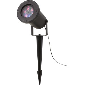 Schwarzer LED Projektor für Außen mit Schneeflockenmuster und Erdspieß.
