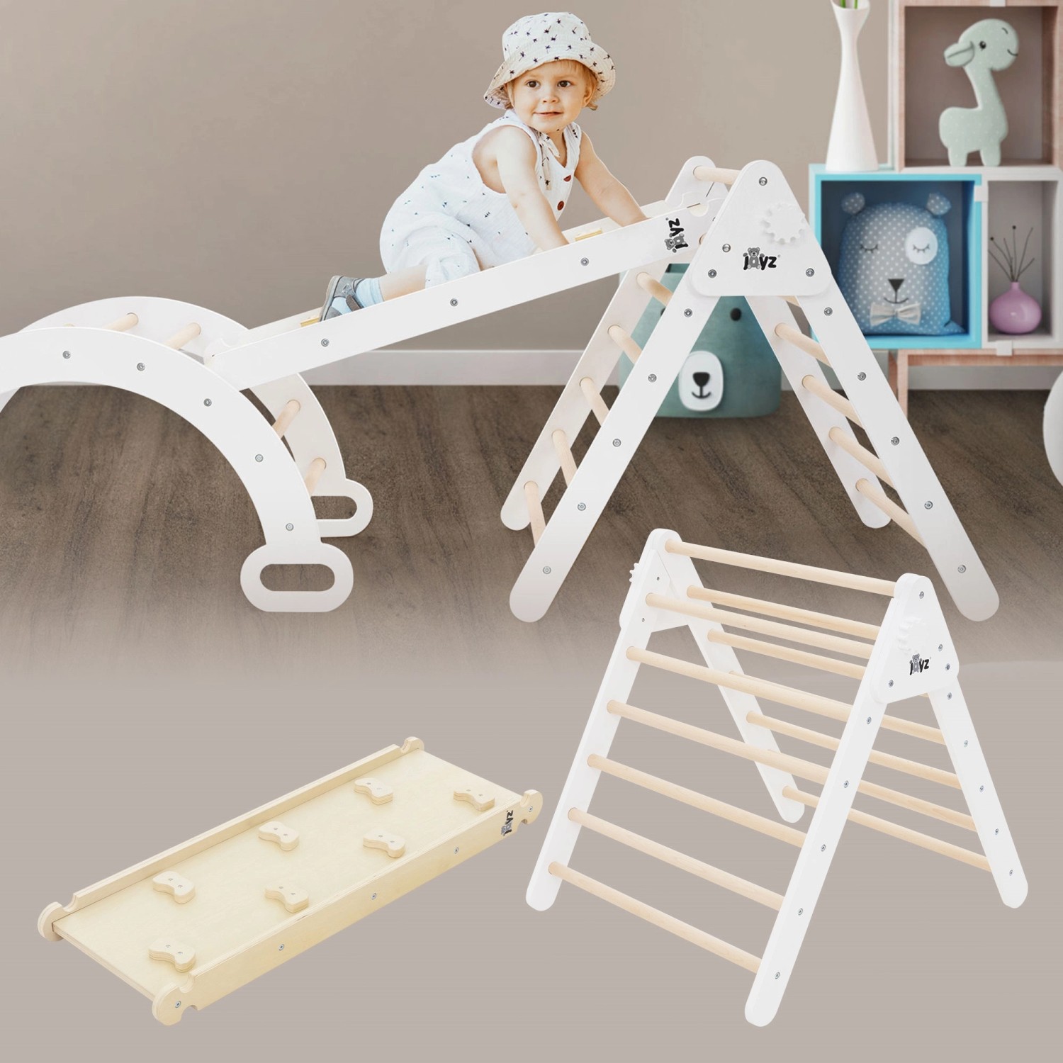 Joyz 2in1 Kletterdreieck mit Rutsche Weiß-Natur Holz Pikler Art Indoor günstig online kaufen