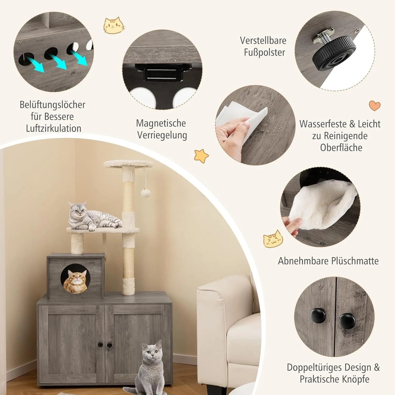 Costway Katzenmöbel Katzenbaum Katzen Spielhaus Grau 77.5x49x132 cm_3