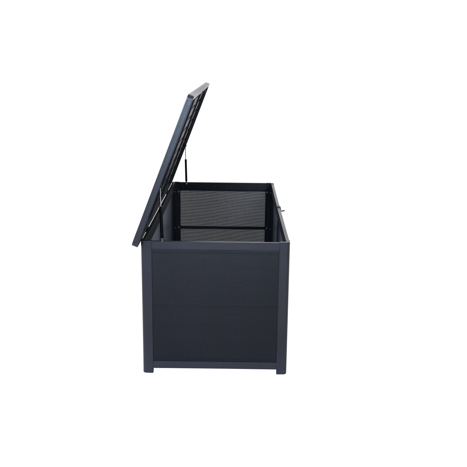 Geöffnete, dunkelgraue Siena Garden Kissenbox Sabano (181x79x75 cm) zur Aufbewahrung von Gartenauflagen.