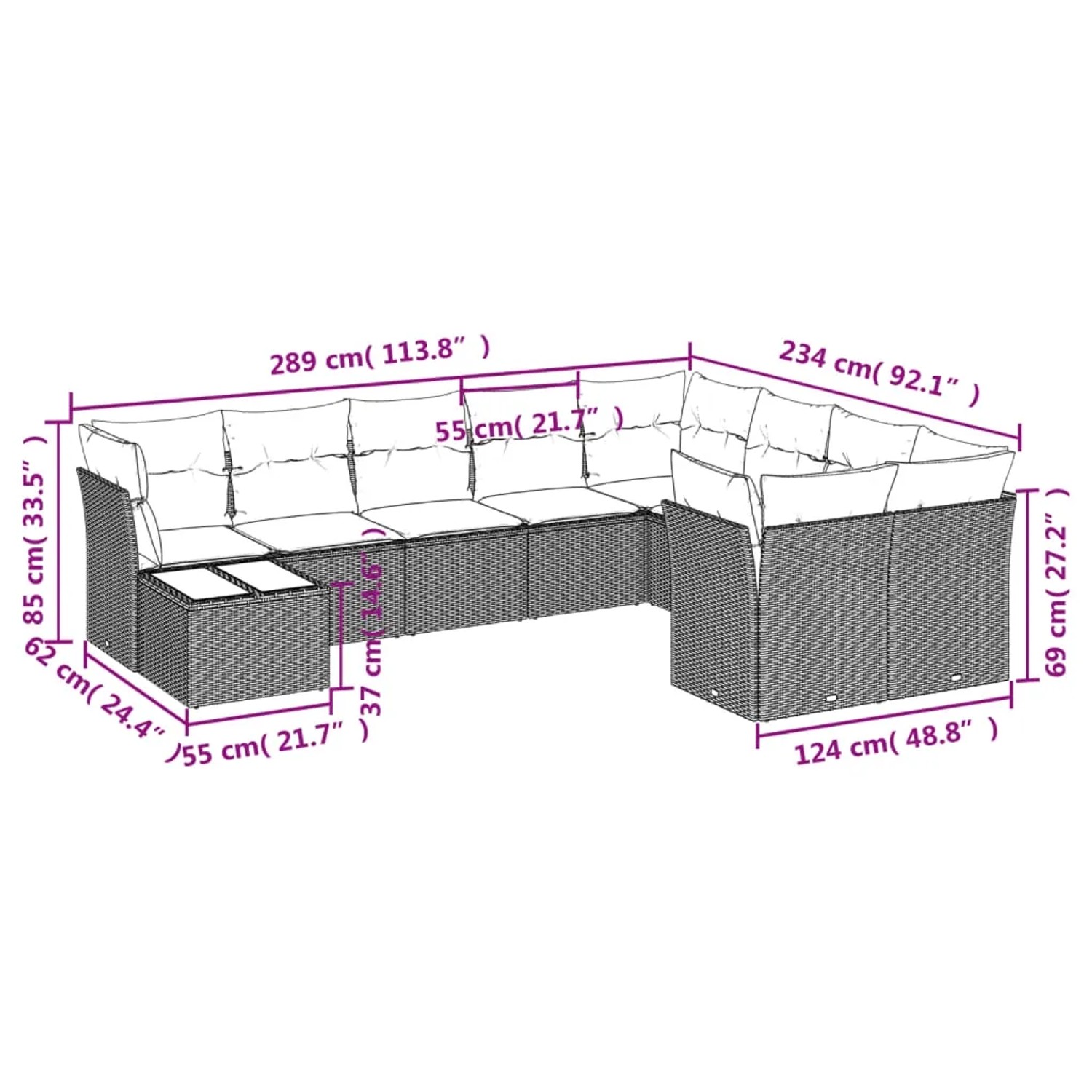 vidaXL Garten-Sofagarnitur, 10-teilig, schwarz, Poly Rattan, mit Maßen. Ideal für Terrasse und Garten.