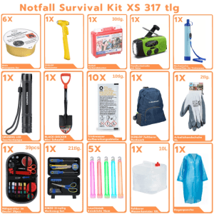 JUNG BLACKOUTPro Notfall Survival Kit: Verbandskasten, Radio, Wasserfilter, Taschenlampe, Schaufel, Rucksack, Werkzeugset, Leuchtstäbe.