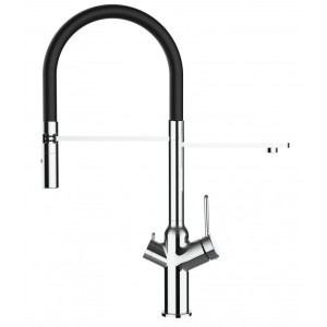 VIZIO 3-Wege Küchenarmatur, verchromt/schwarz, mit schwenkbarem Auslauf und Handbrause.