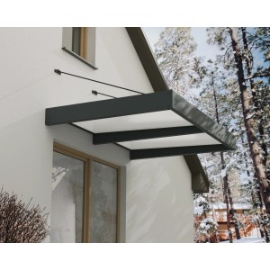 Graues Palram Canopia Vordach Sophia XL 192x140 cm am Haus montiert.