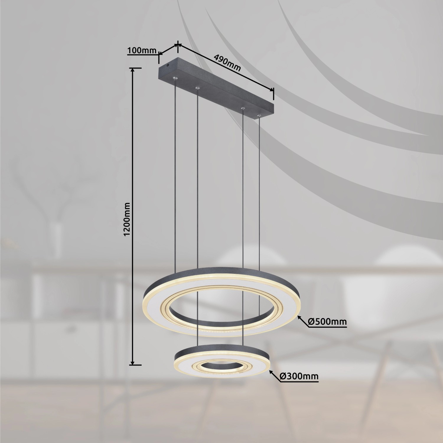 Moderne LED-Pendelleuchte Blasius mit zwei Ringen (30/50cm) in Schwarz/Weiß. Dimmbar & farbwechselbar.