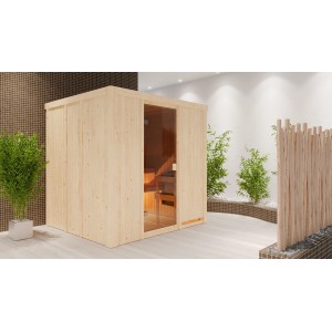 Karibu Sauna Tromsö mit bronzierter Glastür, Massivholzsauna für den Innenbereich.