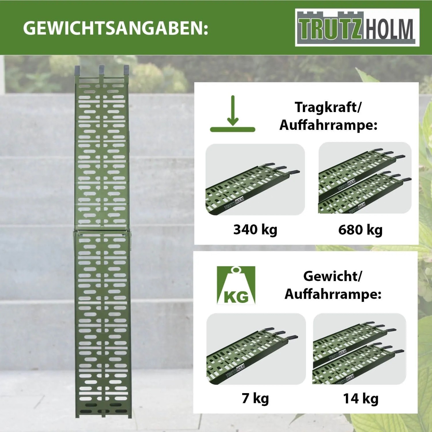 TRUTZHOLM klappbare Auffahrrampe, olivgrün, gelocht, 228 cm, 340 kg Traglast. Zeigt Spezifikationen.