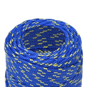 Aufgerolltes blaues Polypropylen Bootsseil mit gelben Akzenten, 2 mm Stärke, 50 m Länge. Robustes Boot-Zubehör.