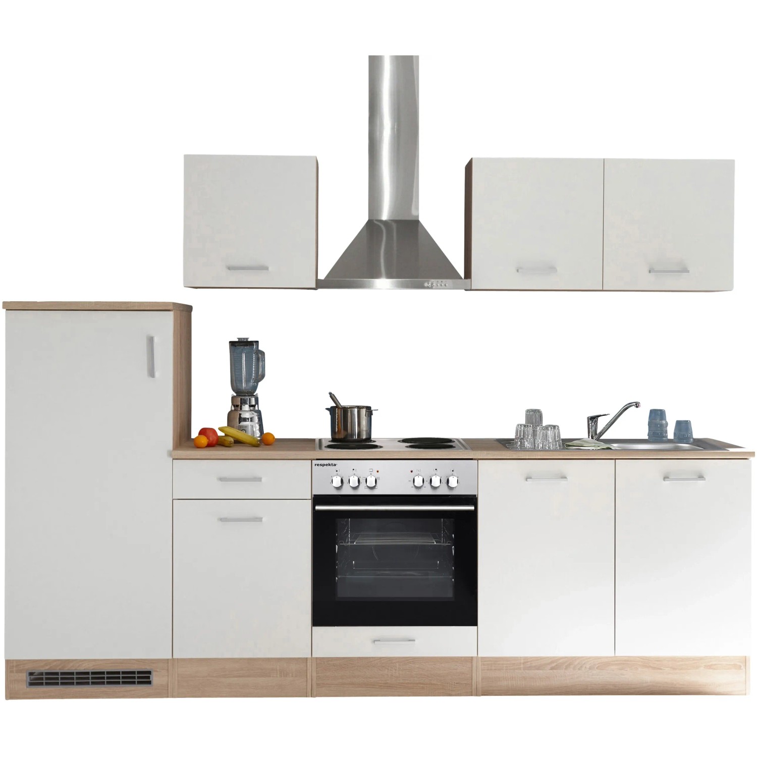 Respekta Küchenzeile KB270ENWP, 270 cm, Weiß/Eiche-Optik, glänzend, mit E-Geräten.