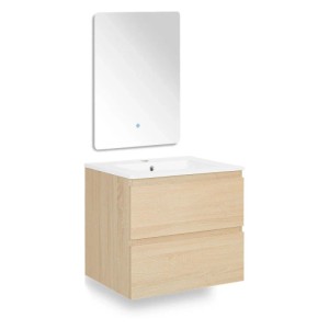 3-teiliges Badmöbel Set: hängender Waschtisch 60 cm Eichenholz Optik mit Keramikwaschbecken, Spiegel mit LED.