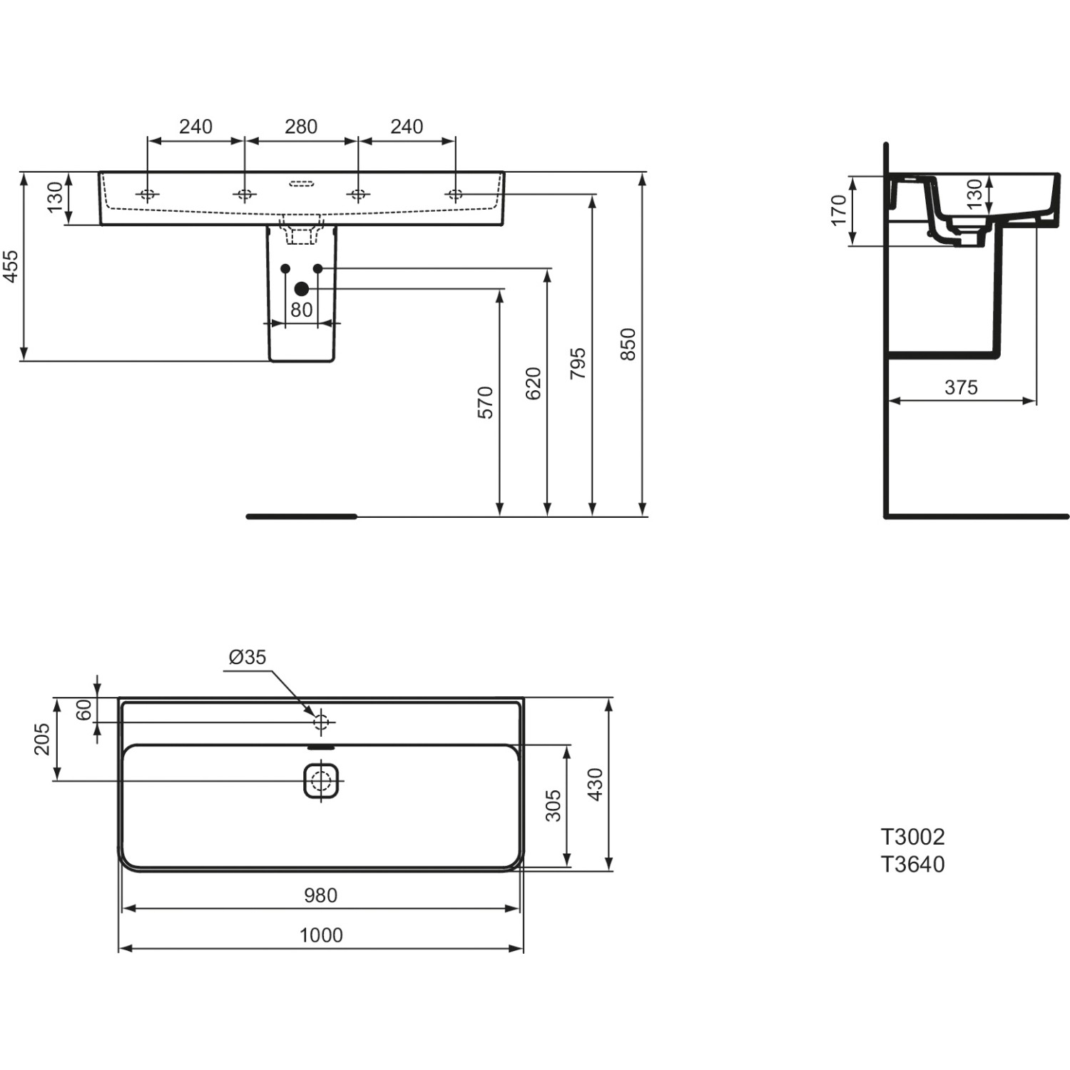 Technische Zeichnung: Ideal Standard Strada II Waschtisch, 100x43 cm, ohne Hahnloch, mit Überlauf, Abmessungen.