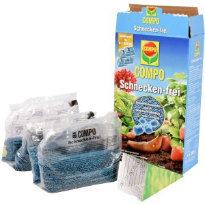 Compo Schnecken-frei Vorteilspack mit 4 Beuteln Schneckenkorn und Produktverpackung.
