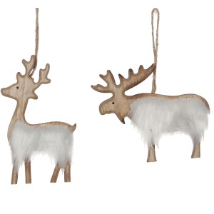 Weißer Rentier-Baumbehang aus MDF und Kunstfell, 11x1x12 cm, Weihnachtsdeko.