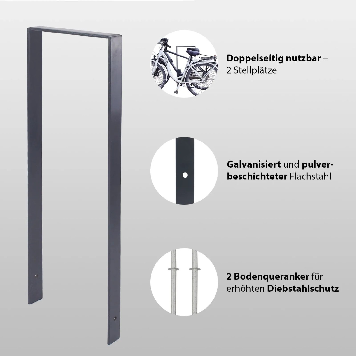 Anthrazitfarbener TRUTZHOLM Fahrradanlehnbügel aus Flachstahl für 2 Fahrräder zum Einbetonieren.
