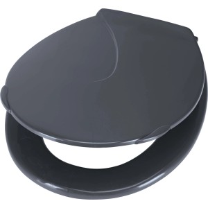 Grauer WC-Sitz aus Thermoplast mit Kunststoffscharnieren, belastbar bis 100 kg.