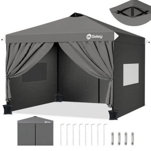Grauer Sekey Faltpavillon 3x3m mit 4 Seitenteilen, teils geöffnet, und Fenstern. Inkl. Zubehör für Markisen & Sonnenschutz.