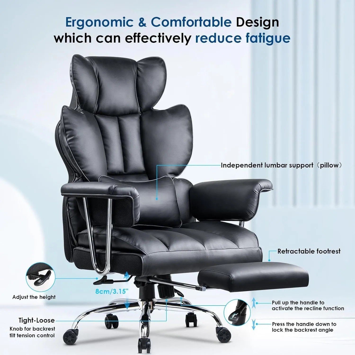 Schwarzer, ergonomischer Bürostuhl mit hoher Lehne, Fußstütze und Leder für Home Office.